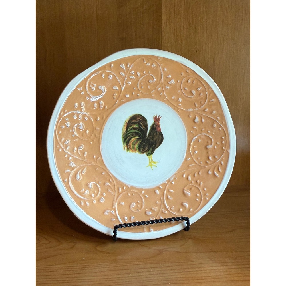 Majoliche‎ Jessica Italy Hand Painted Rooster Ceramic Plate Orange Scroll Relief